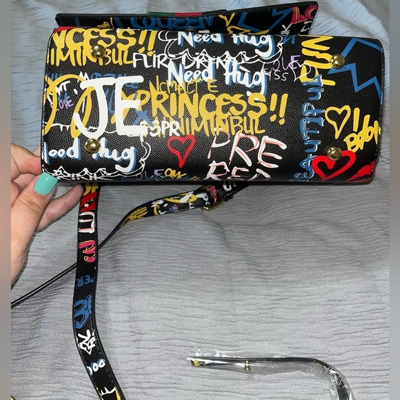 Bee Box Satchel Handbag Purse W/Matching Wallet Black Graffiti - Picture 8 of 16